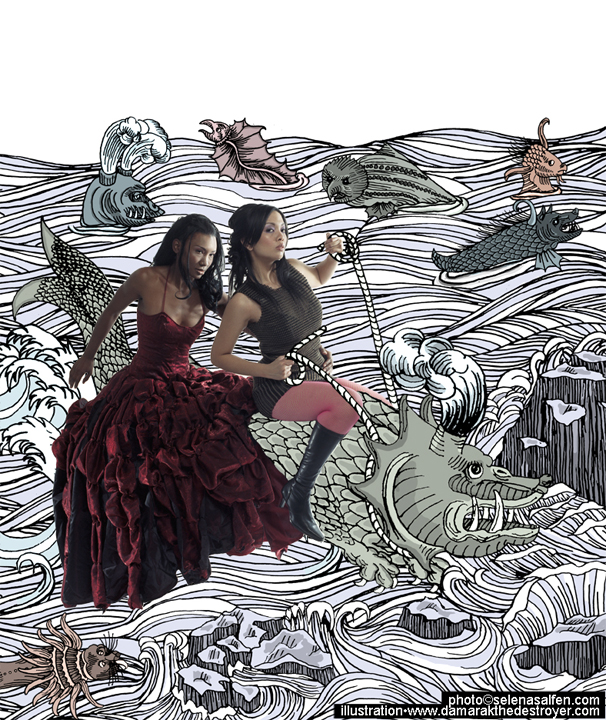 Whimsical photo-illustration spread from Four Magazine — two female models in formal gowns and bold styling rendered into a hand-drawn black-and-white seascape with sea creatures, photo by Selena Salfen, illustration by Damarakhe Destroyer. Hair by Angeleah Daidone.