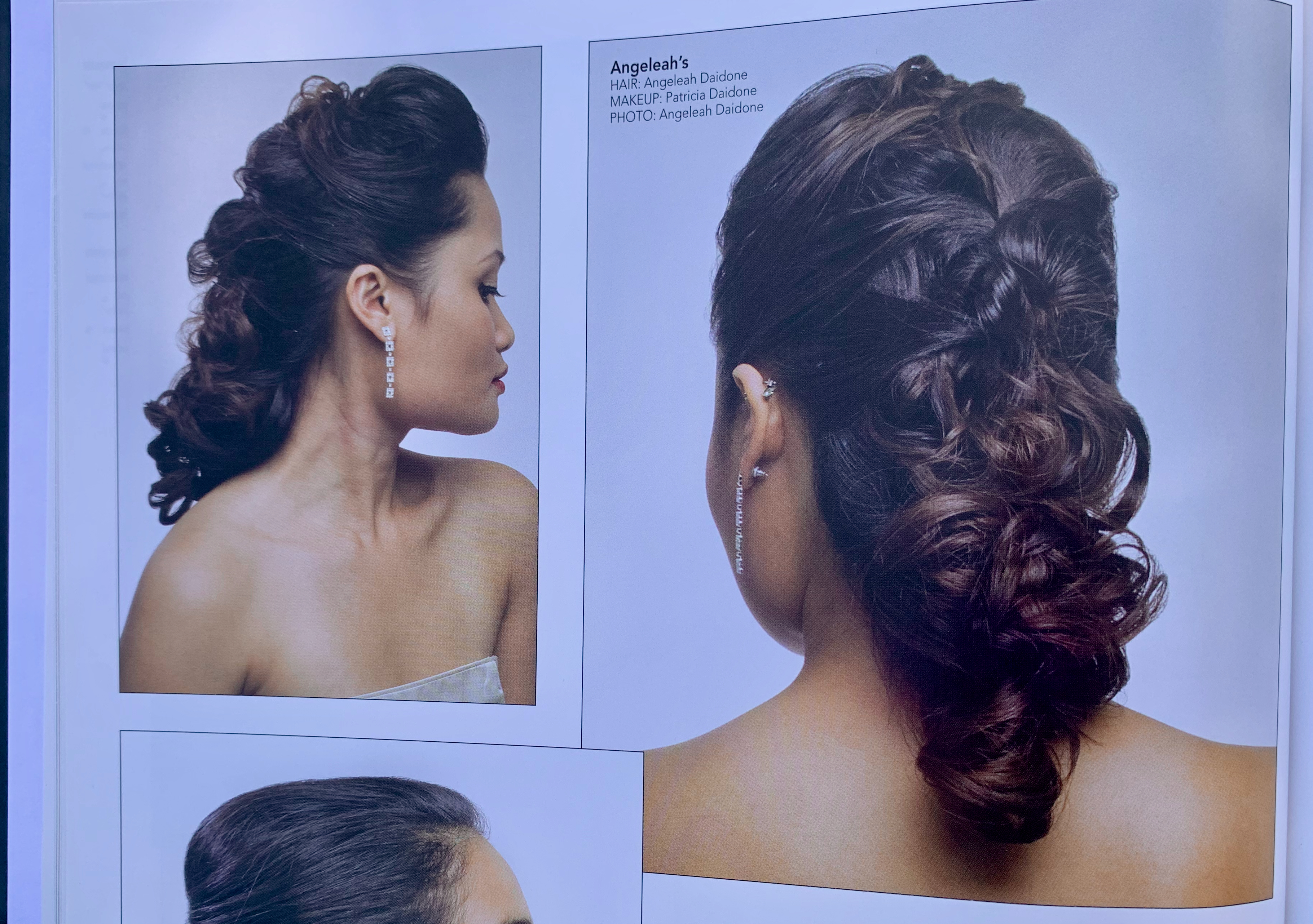 Page from the Inspire hairstyling book vol. 78, credited to Angeleah Daidone — multiple views of a romantic curled bridal updo on a brunette model.