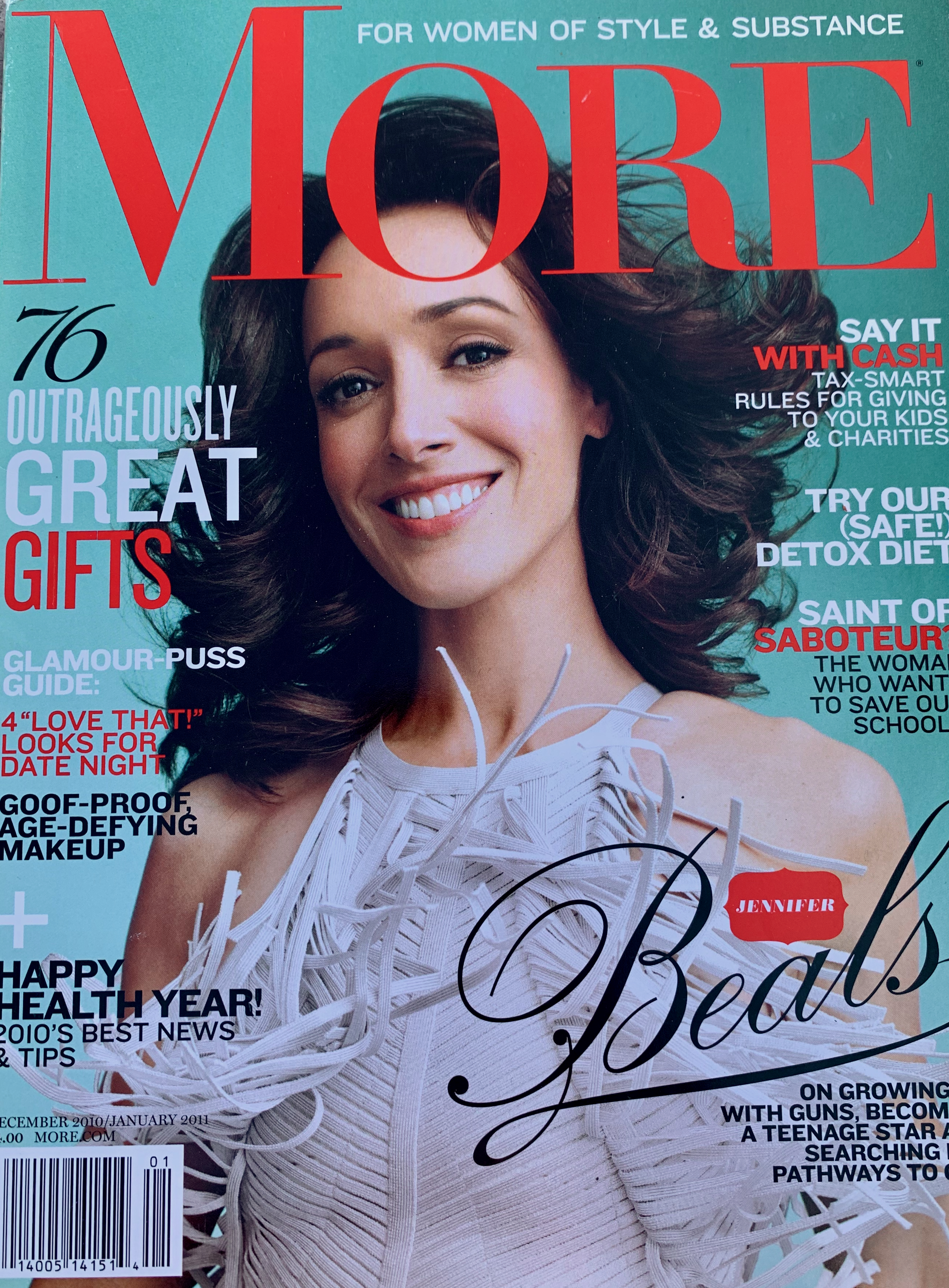 Cover of MORE magazine featuring Jennifer Beals smiling, with soft brunette waves and a fringed white top.