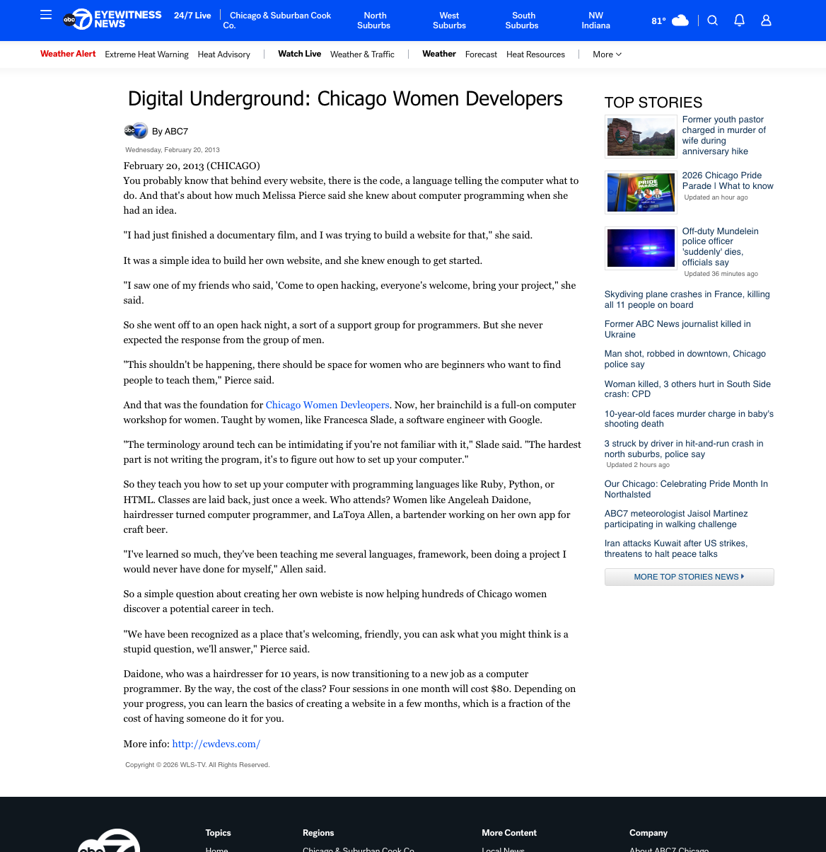 Screenshot of an ABC 7 Chicago news article titled 'Digital Underground: Chicago Women Developers,' featuring Angeleah's story.