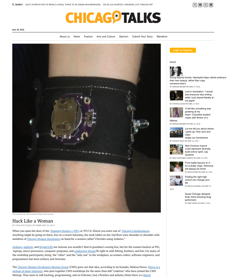 Screenshot of a Chicago Talks article 'Hack Like a Woman,' featuring an image of Angeleah's wearable electronics fabric cuff project.