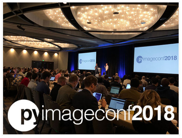 Screenshot of Angeleah in the lower right, attending PyImageConf 2018. The practical, hands-on computer vision and deep learning conference.