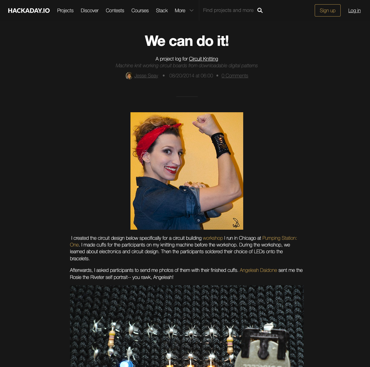 Screenshot of a Hackaday.io project page 'We can do it!' featuring Angeleah in a Rosie the Riveter pose — red headband, denim shirt, arm flexed — wearing the LED bracelet she made in Jesse Seay's Circuit Knitting workshop.